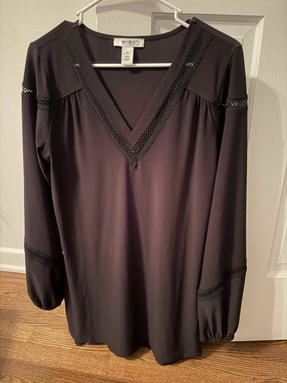 White House Black Market Black V-Neck Long-Sleeve Top with Lace Trim